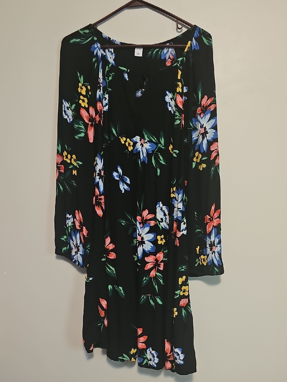 Old Navy Black Floral Flowy Peasant Dress with Blue, Pink & Yellow Flowers